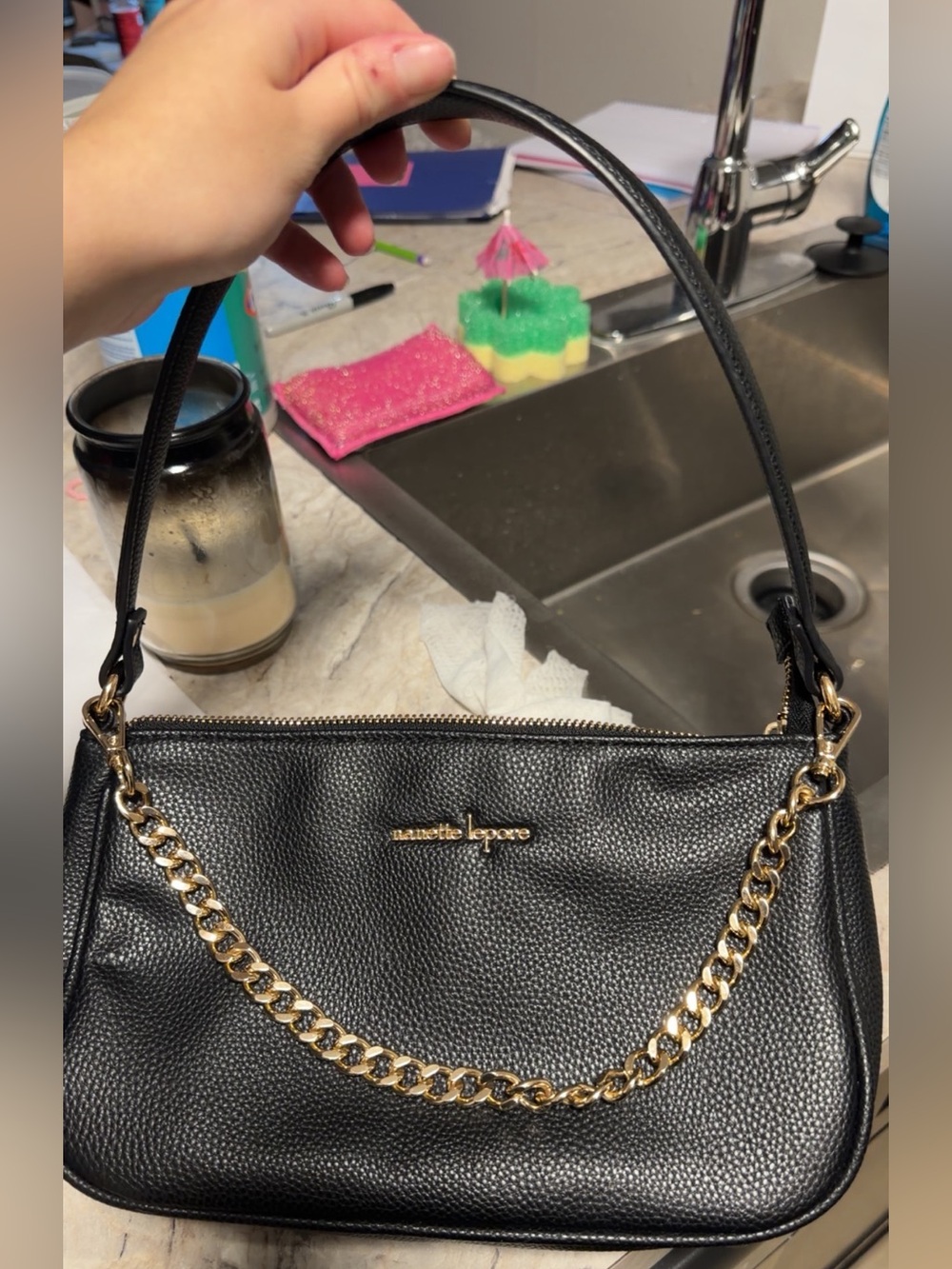 Nanette Lepore Black Pebbled Leather Shoulder Bag with Gold Chain Accent